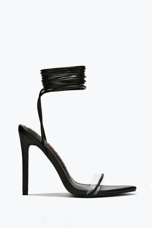Lace-Up Sandals with Clear Strap and Wrapped Ankle - Black