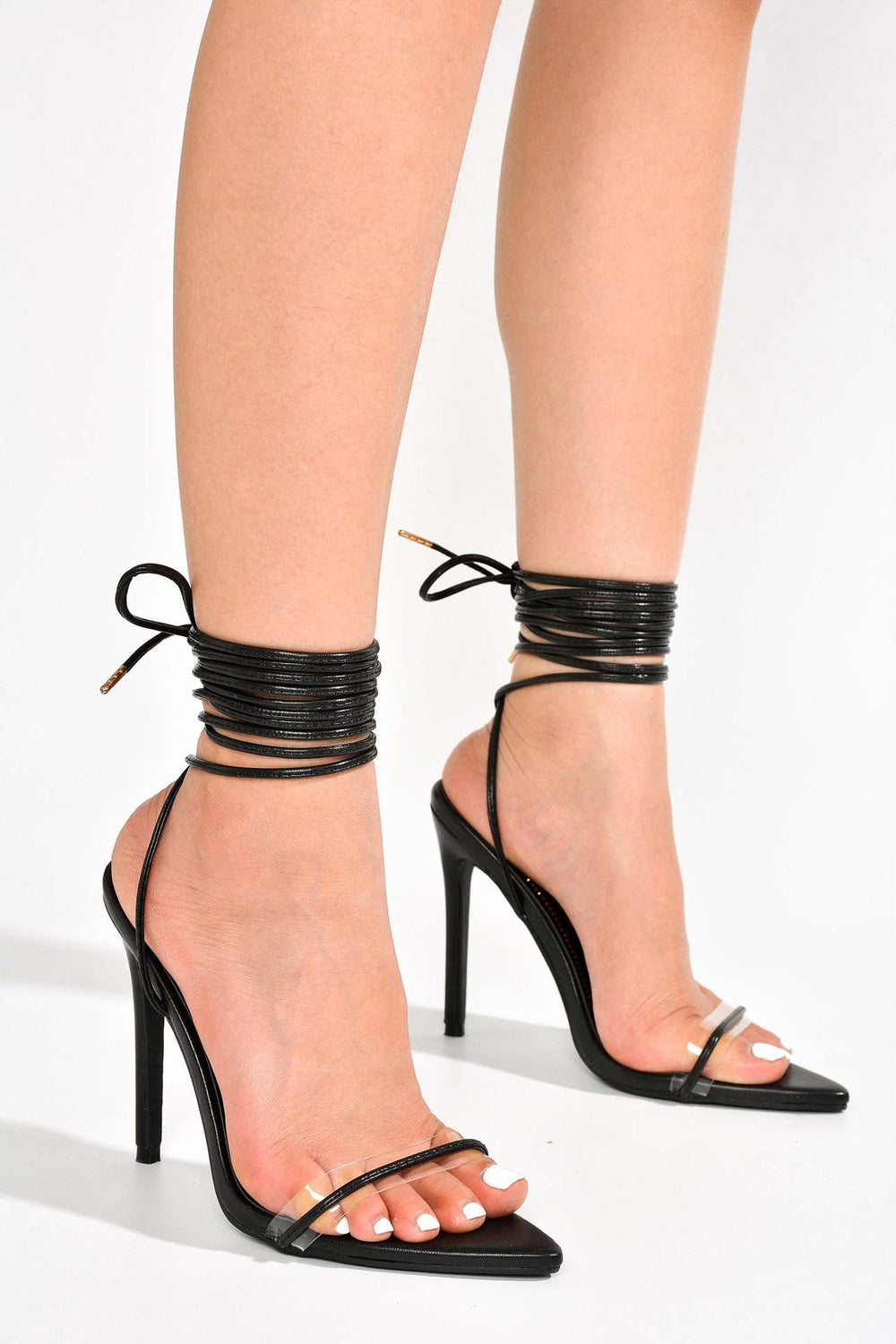 Lace-Up Sandals with Clear Strap and Wrapped Ankle - Black