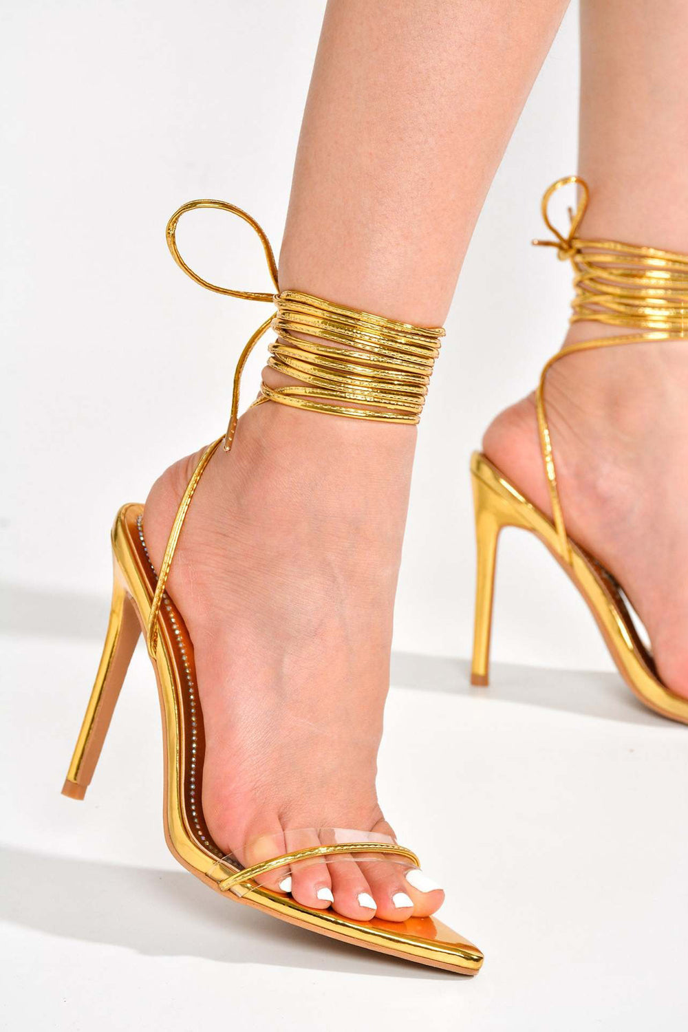 Lace-Up Sandals with Clear Strap and Wrapped Ankle - Gold