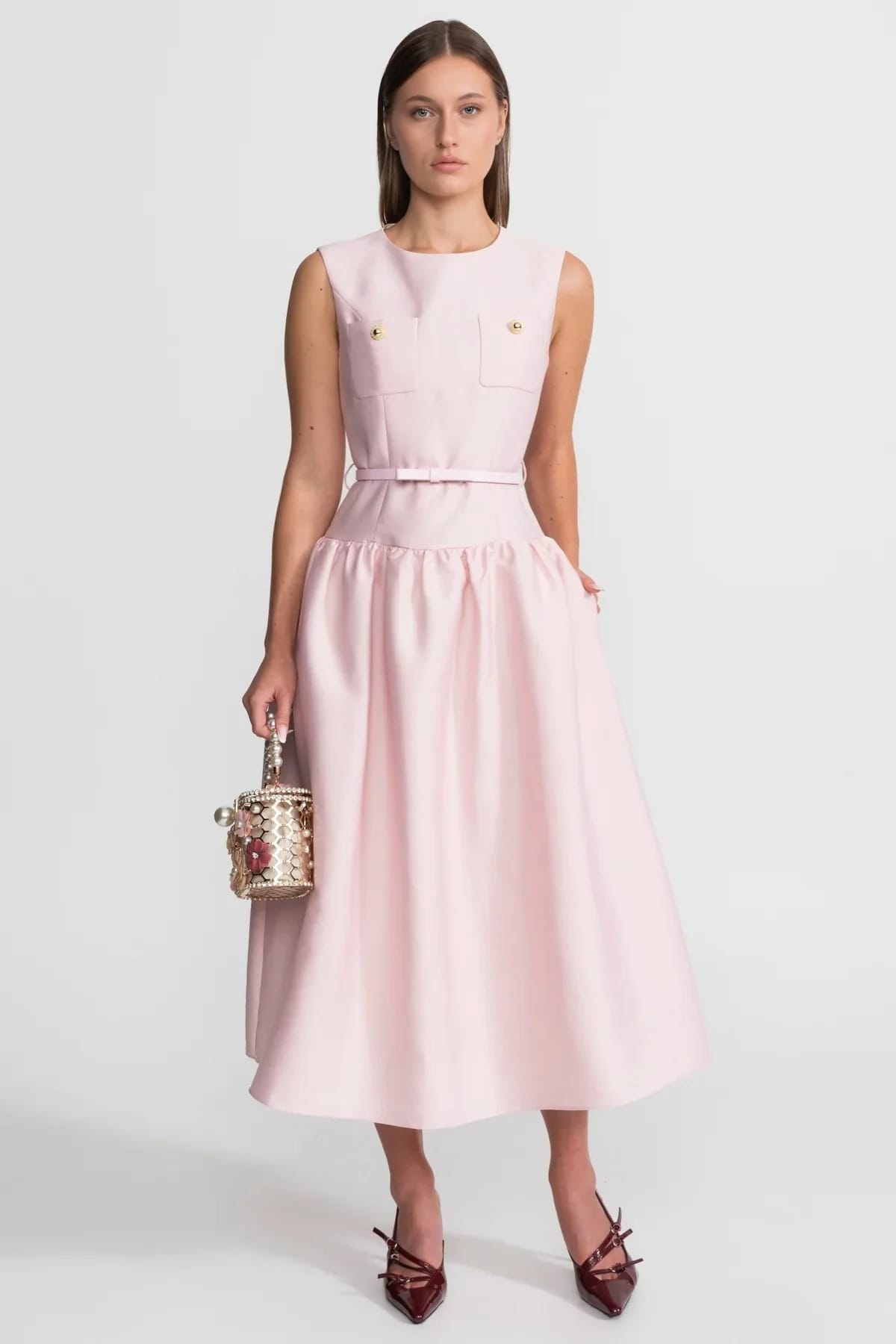 Sleeveless Midi Dress with Belt and Front Pockets - Pink