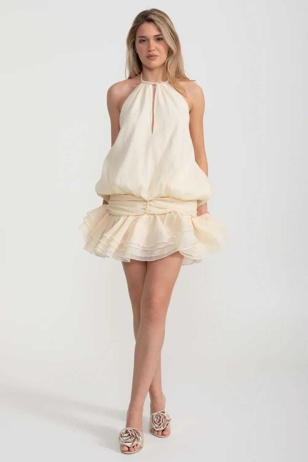 Pearl Halter Puff Dress With Layered Mini Skirt - Ivoire