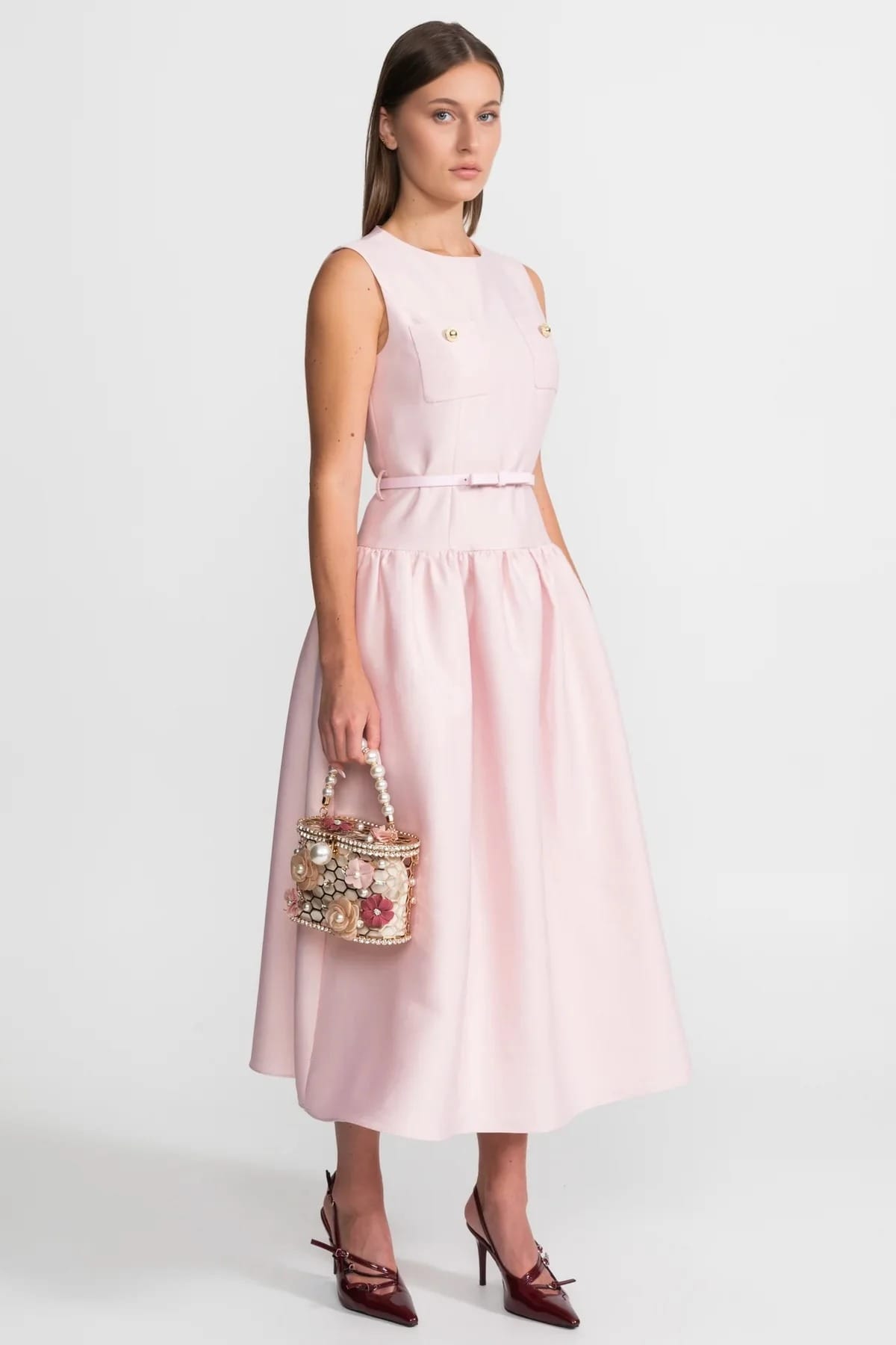 Sleeveless Midi Dress with Belt and Front Pockets - Pink