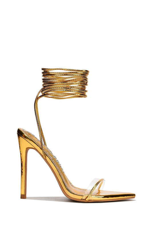 Lace-Up Sandals with Clear Strap and Wrapped Ankle - Gold