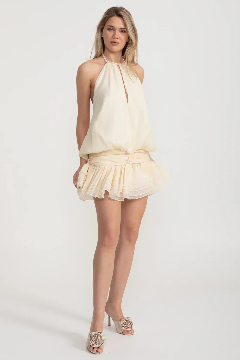 Pearl Halter Puff Dress With Layered Mini Skirt - Ivoire