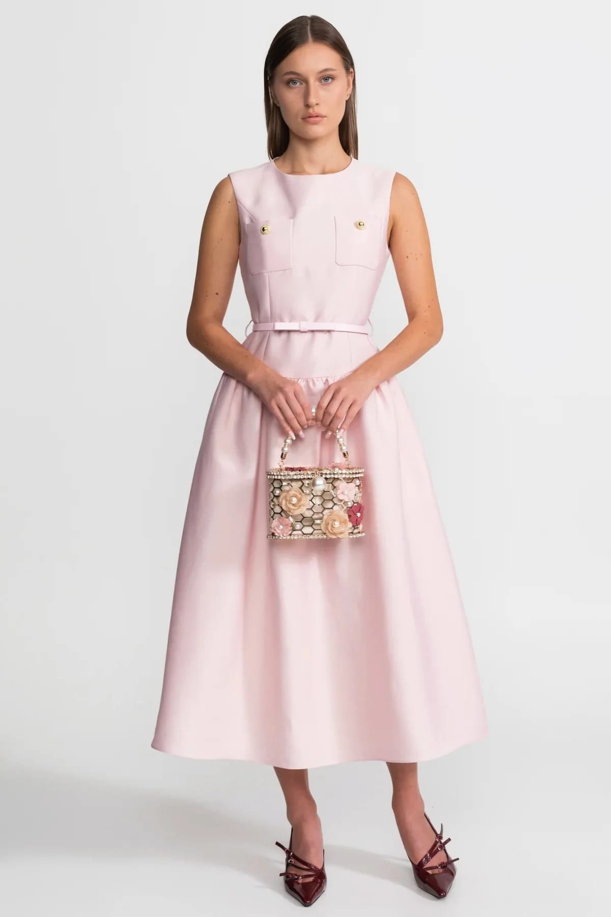 Sleeveless Midi Dress with Belt and Front Pockets - Pink