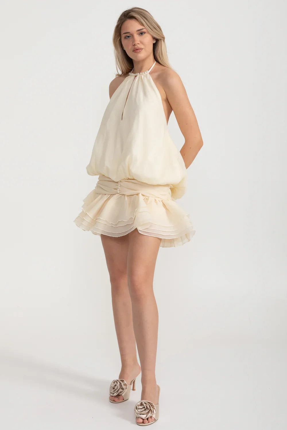 Pearl Halter Puff Dress With Layered Mini Skirt - Ivoire