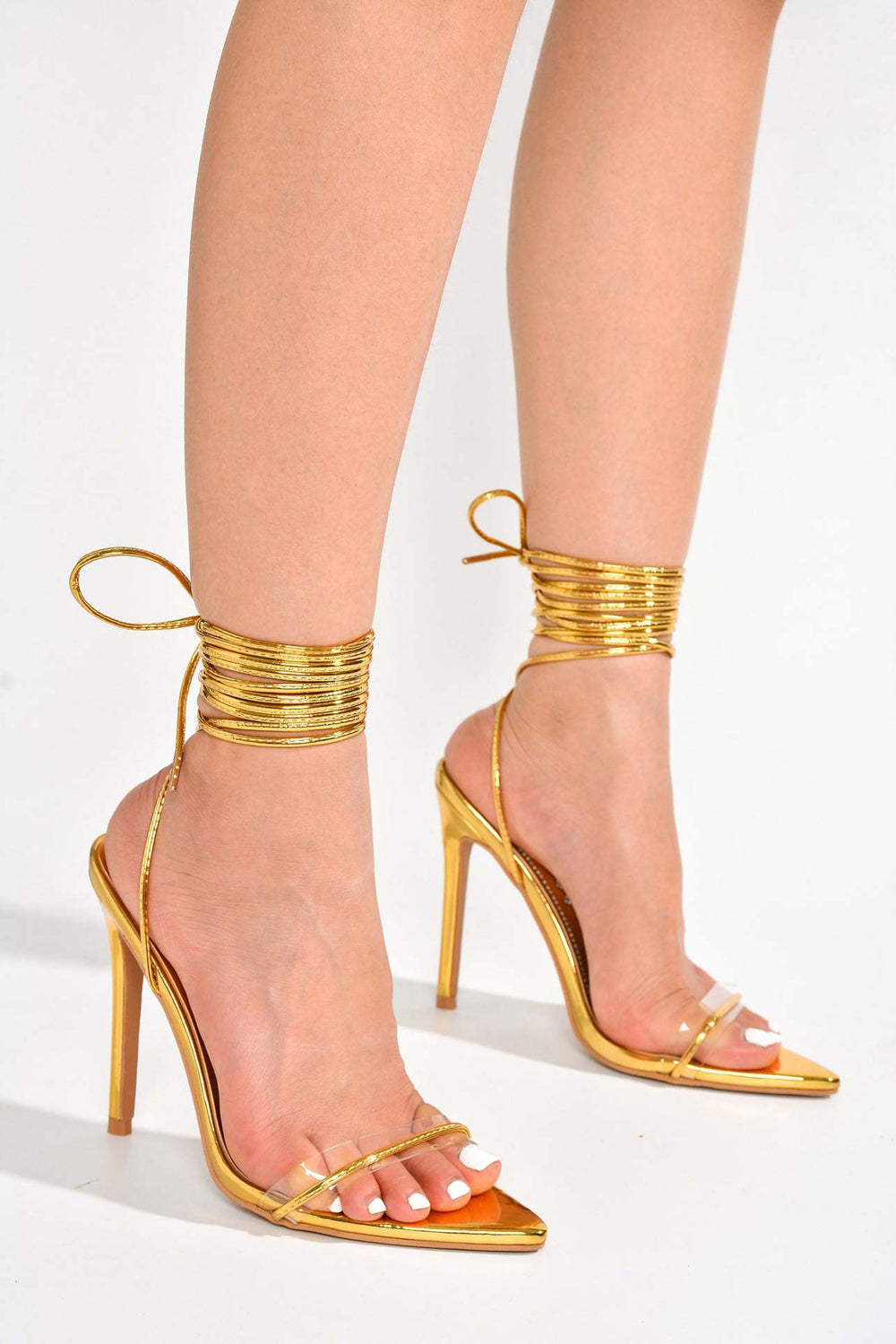 Lace-Up Sandals with Clear Strap and Wrapped Ankle - Gold