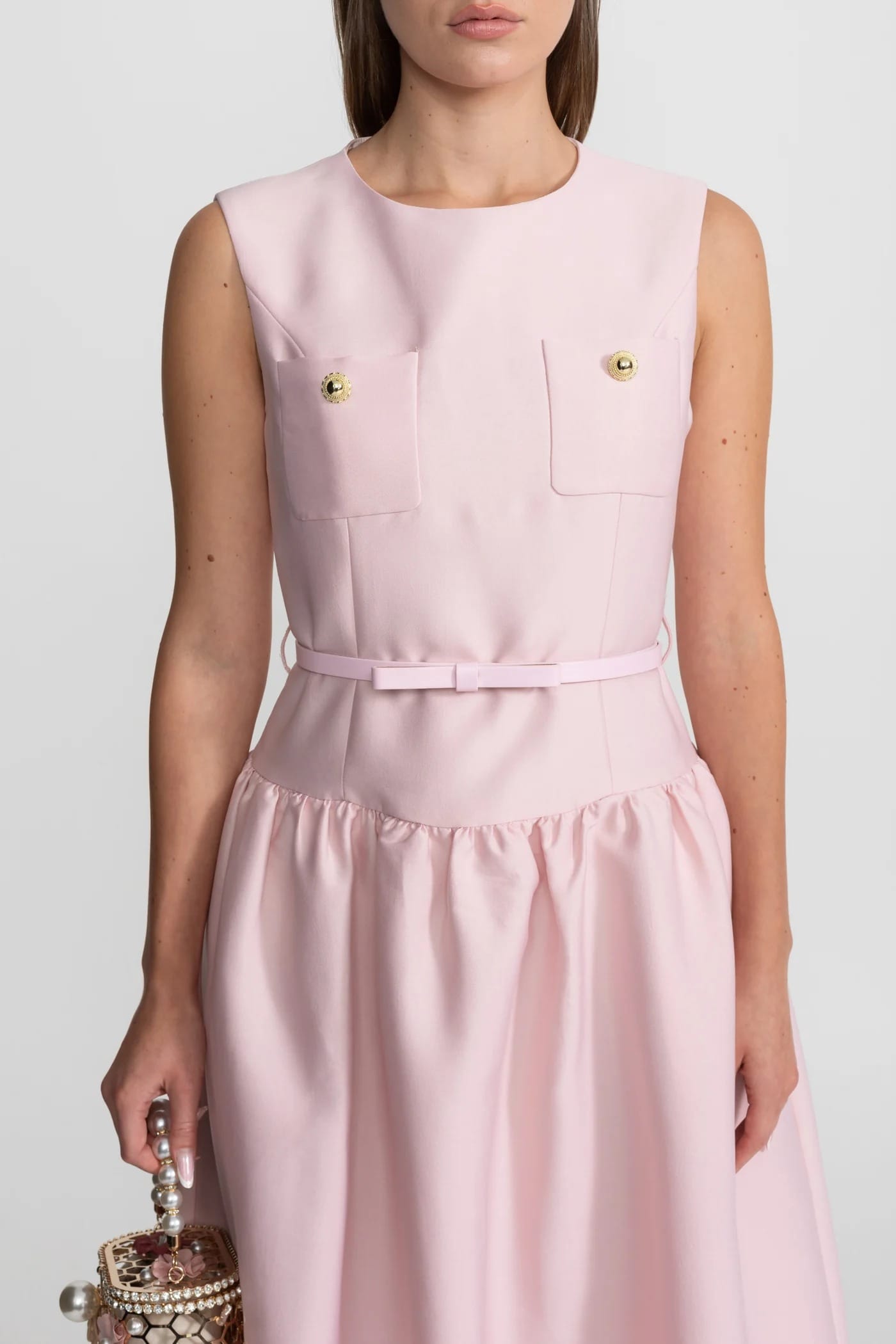 Sleeveless Midi Dress with Belt and Front Pockets - Pink