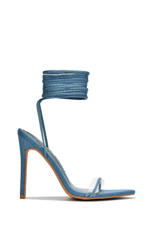 Lace-Up Sandals with Clear Strap and Wrapped Ankle - Blue