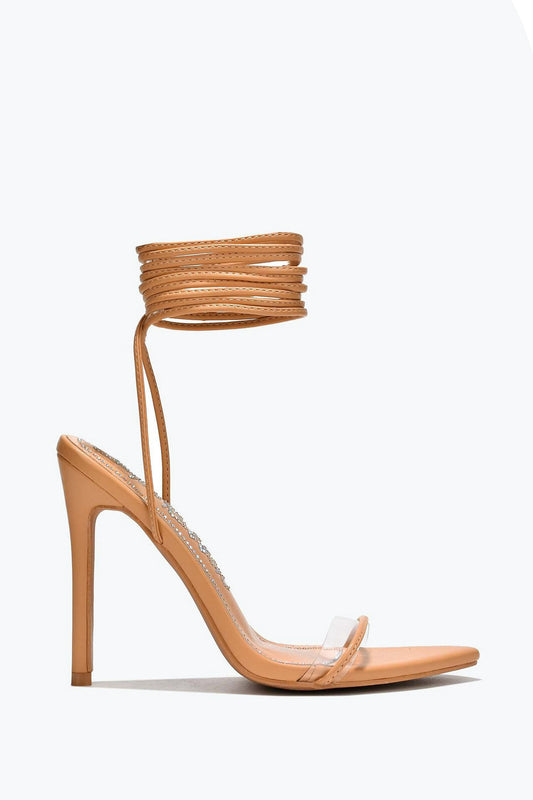 Lace-Up Sandals with Clear Strap and Wrapped Ankle - Apricot