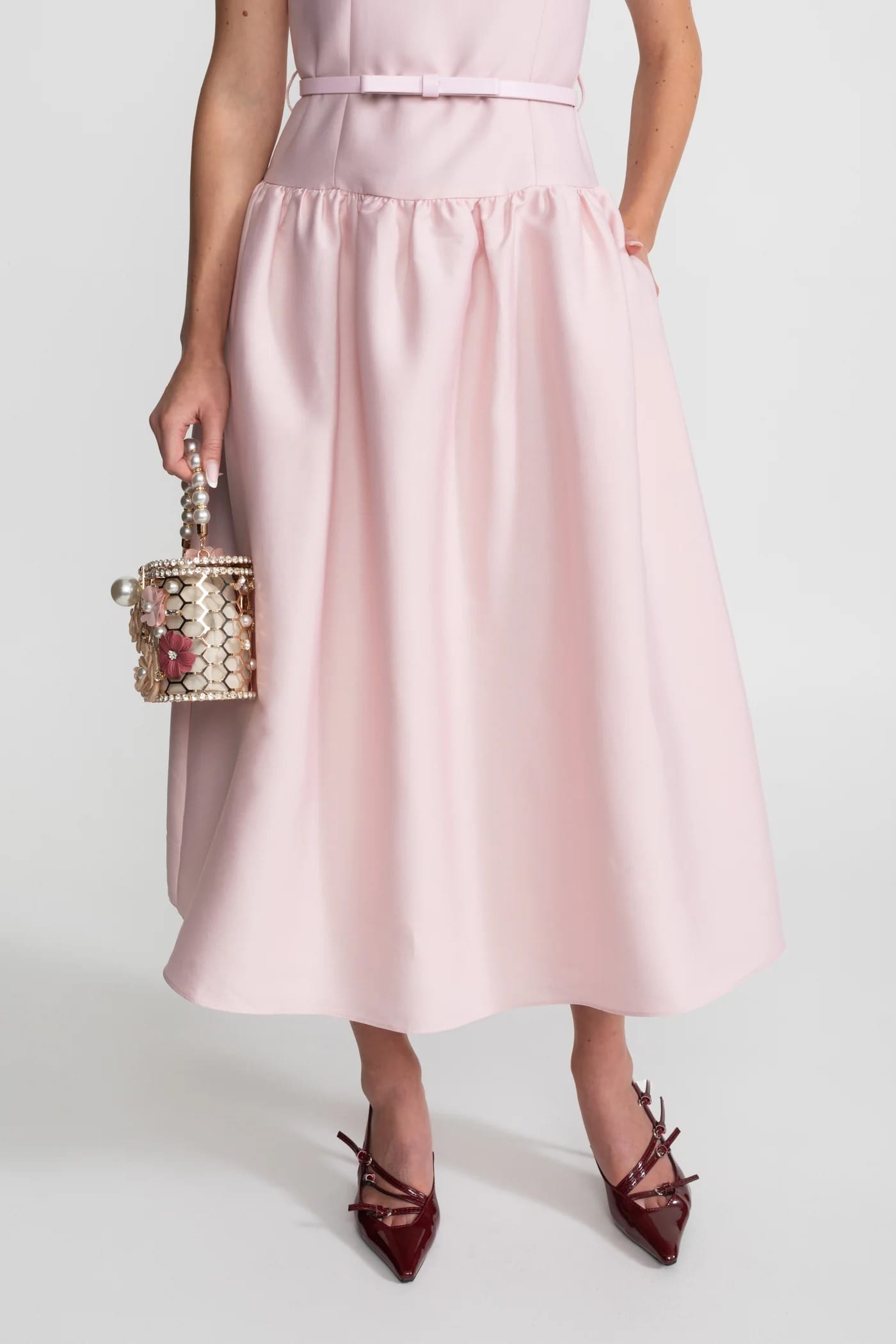 Sleeveless Midi Dress with Belt and Front Pockets - Pink