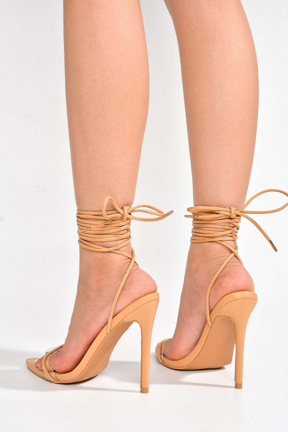 Lace-Up Sandals with Clear Strap and Wrapped Ankle - Apricot