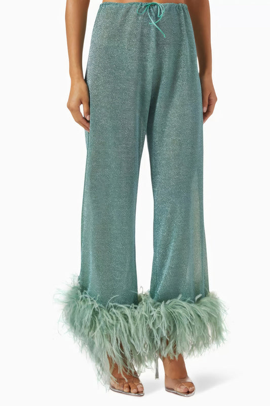 Wide-Leg Trousers with Feather Detailing - Blue