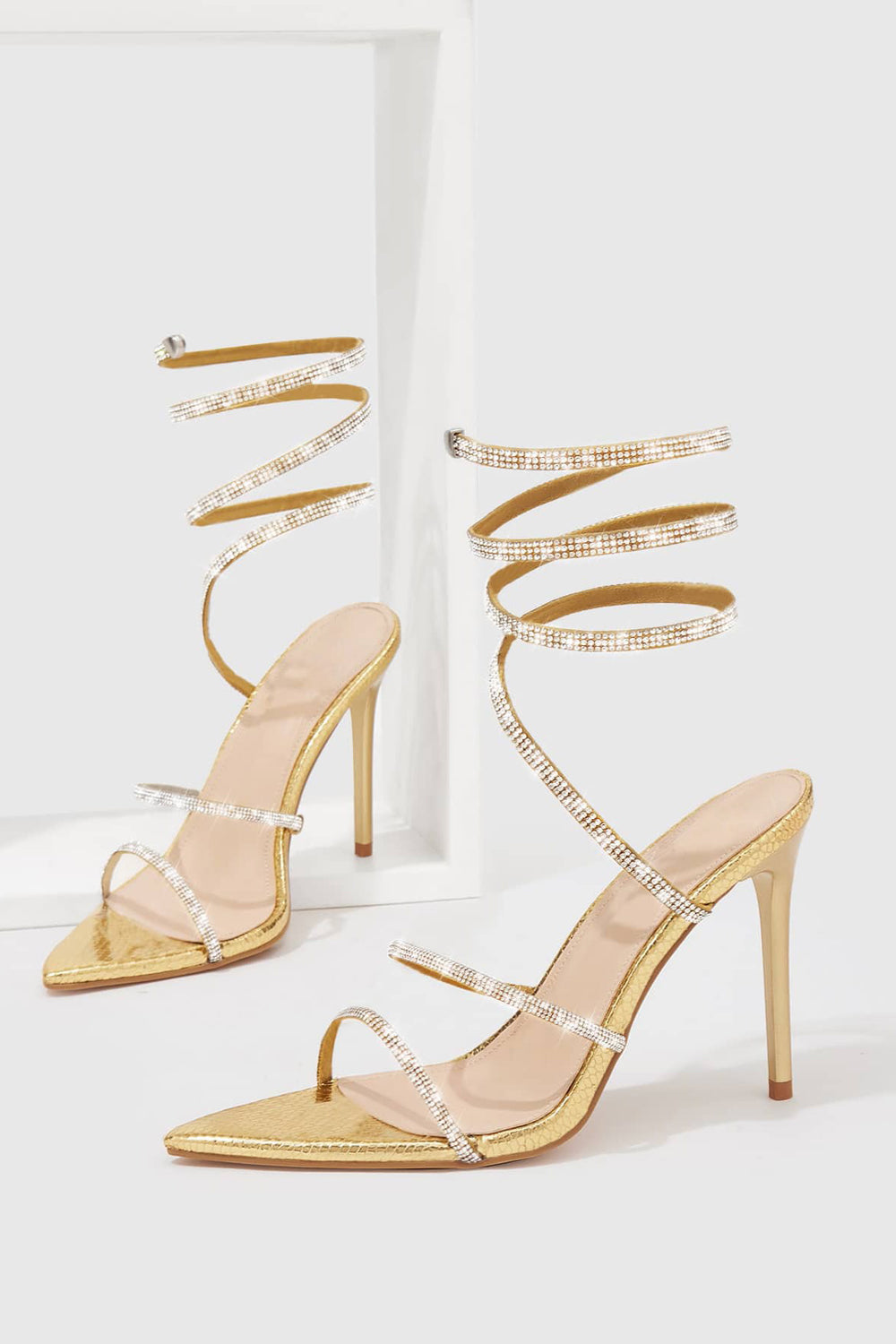 Wraparound Sandals with Shiny Pointed Toe and Crystal Straps - Gold