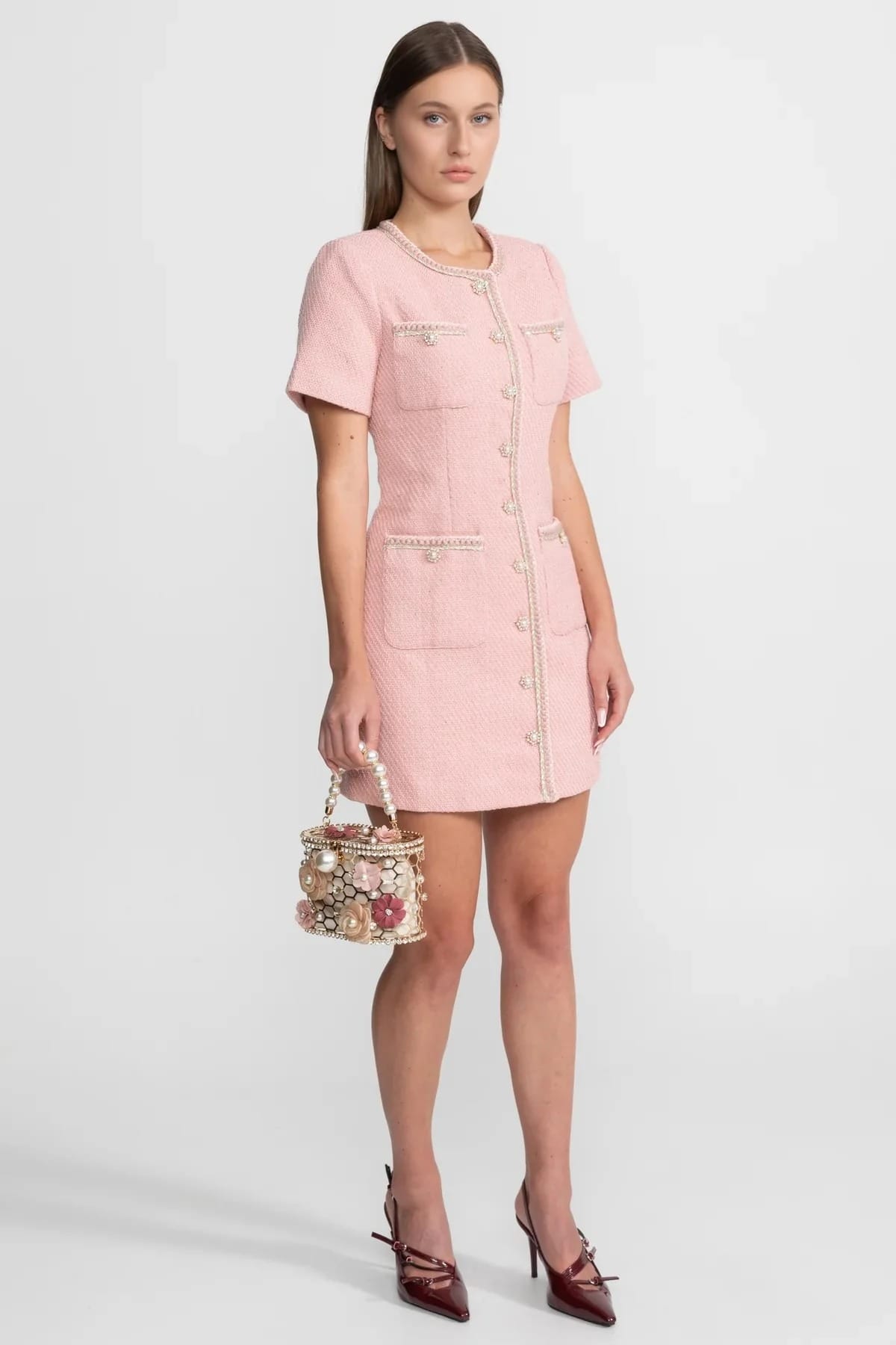 Short Sleeve Mini Dress with Pearl Buttons and Trim Details - Pink