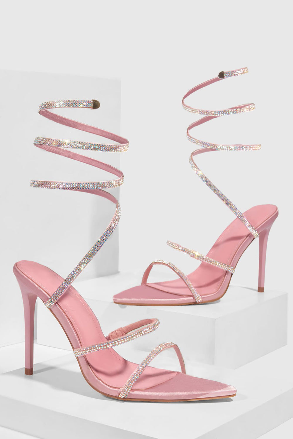 Wraparound Sandals with Shiny Pointed Toe and Crystal Straps - Pink