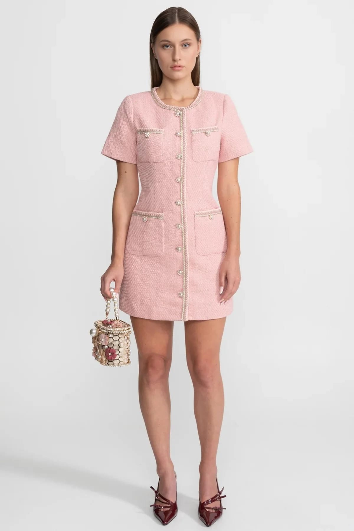 Short Sleeve Mini Dress with Pearl Buttons and Trim Details - Pink