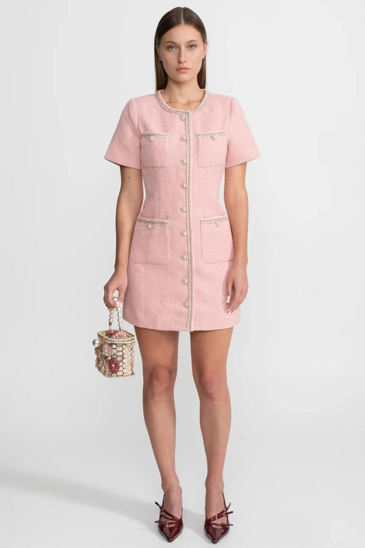 Short Sleeve Mini Dress with Pearl Buttons and Trim Details - Pink