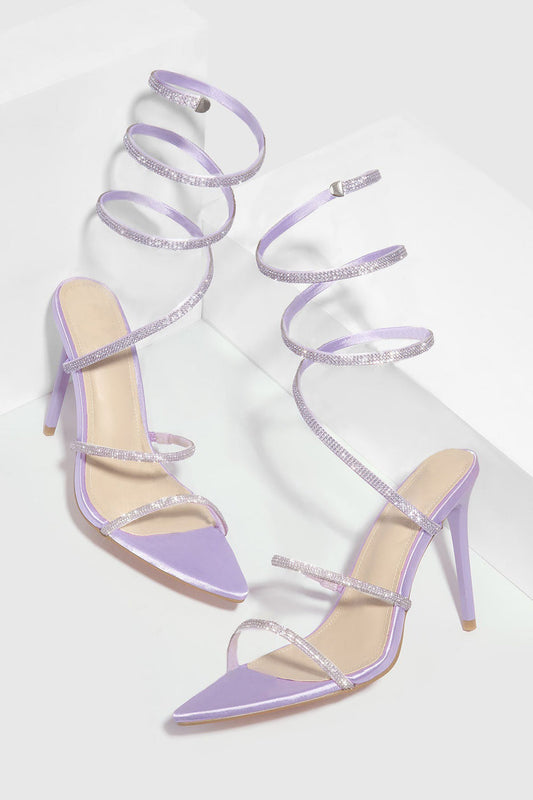 Wraparound Sandals with Shiny Pointed Toe and Crystal Straps - Purple
