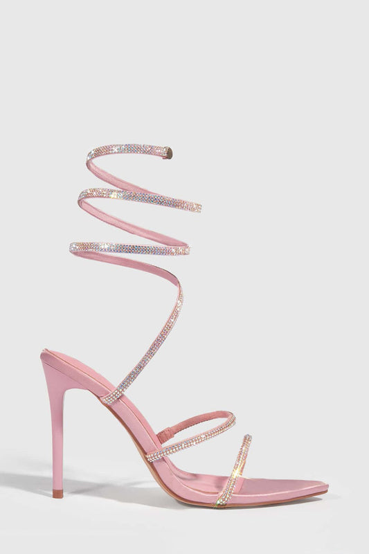 Wraparound Sandals with Shiny Pointed Toe and Crystal Straps - Pink