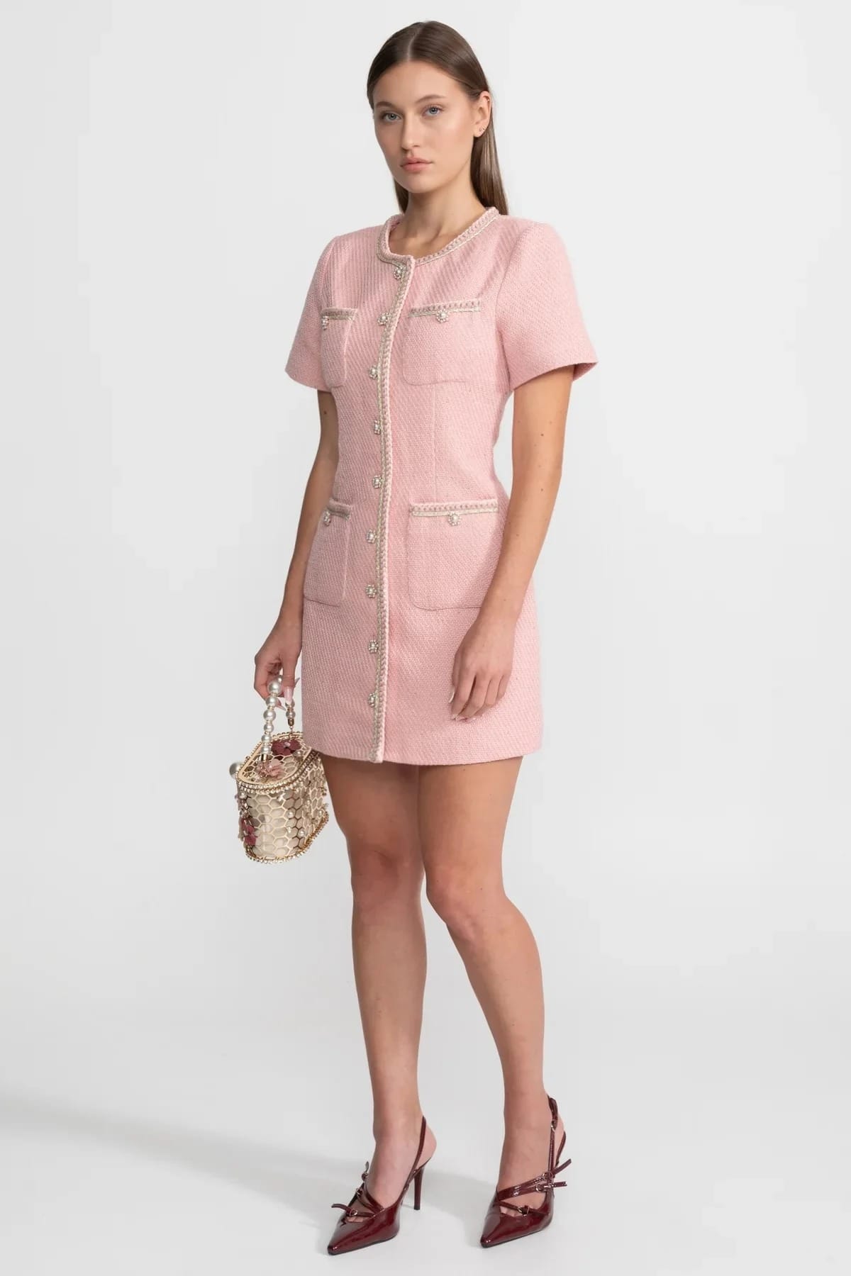 Short Sleeve Mini Dress with Pearl Buttons and Trim Details - Pink
