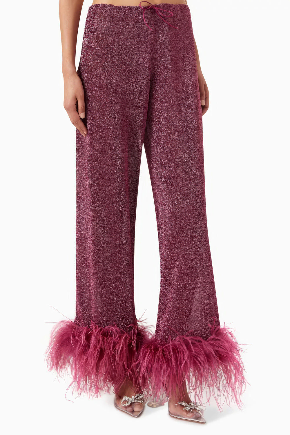 Wide-Leg Trousers with Feather Detailing - Pink
