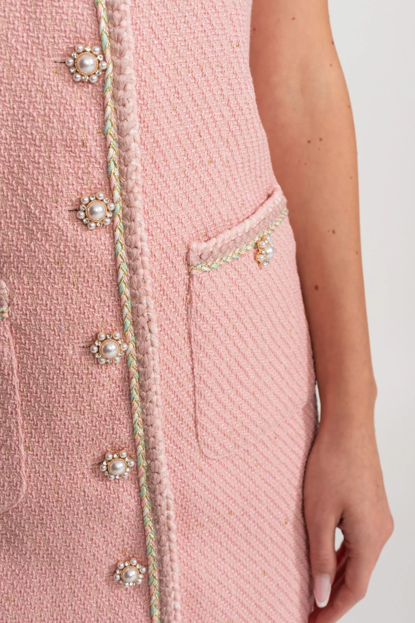 Short Sleeve Mini Dress with Pearl Buttons and Trim Details - Pink