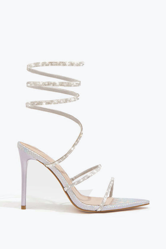 Wraparound Sandals with Shiny Pointed Toe and Crystal Straps - Silver