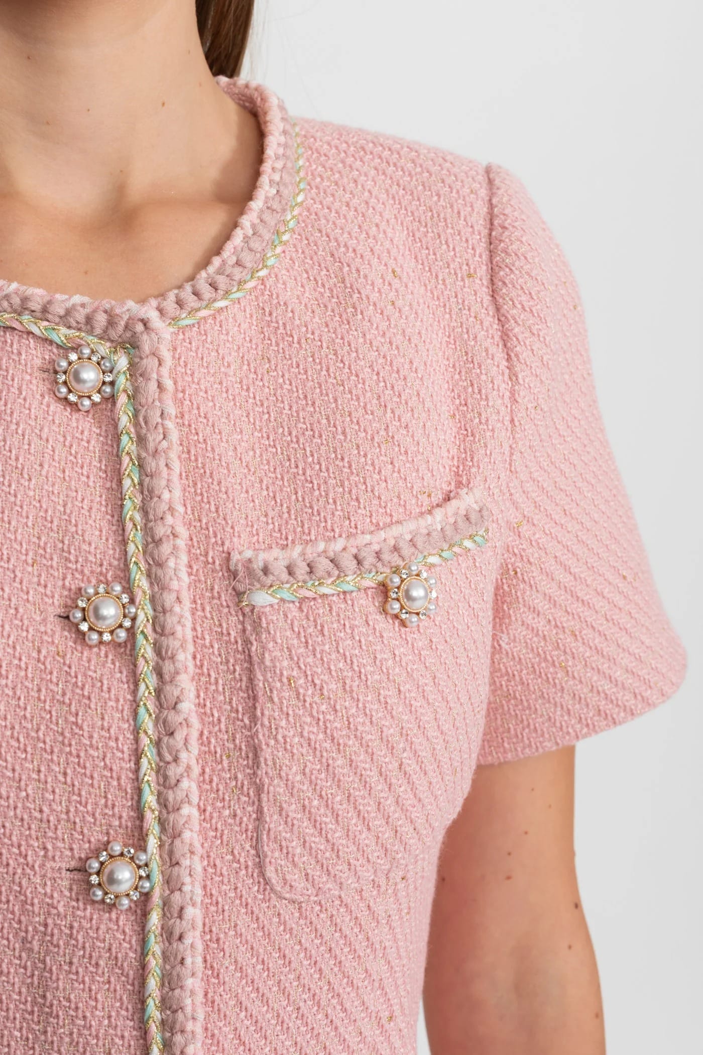 Short Sleeve Mini Dress with Pearl Buttons and Trim Details - Pink