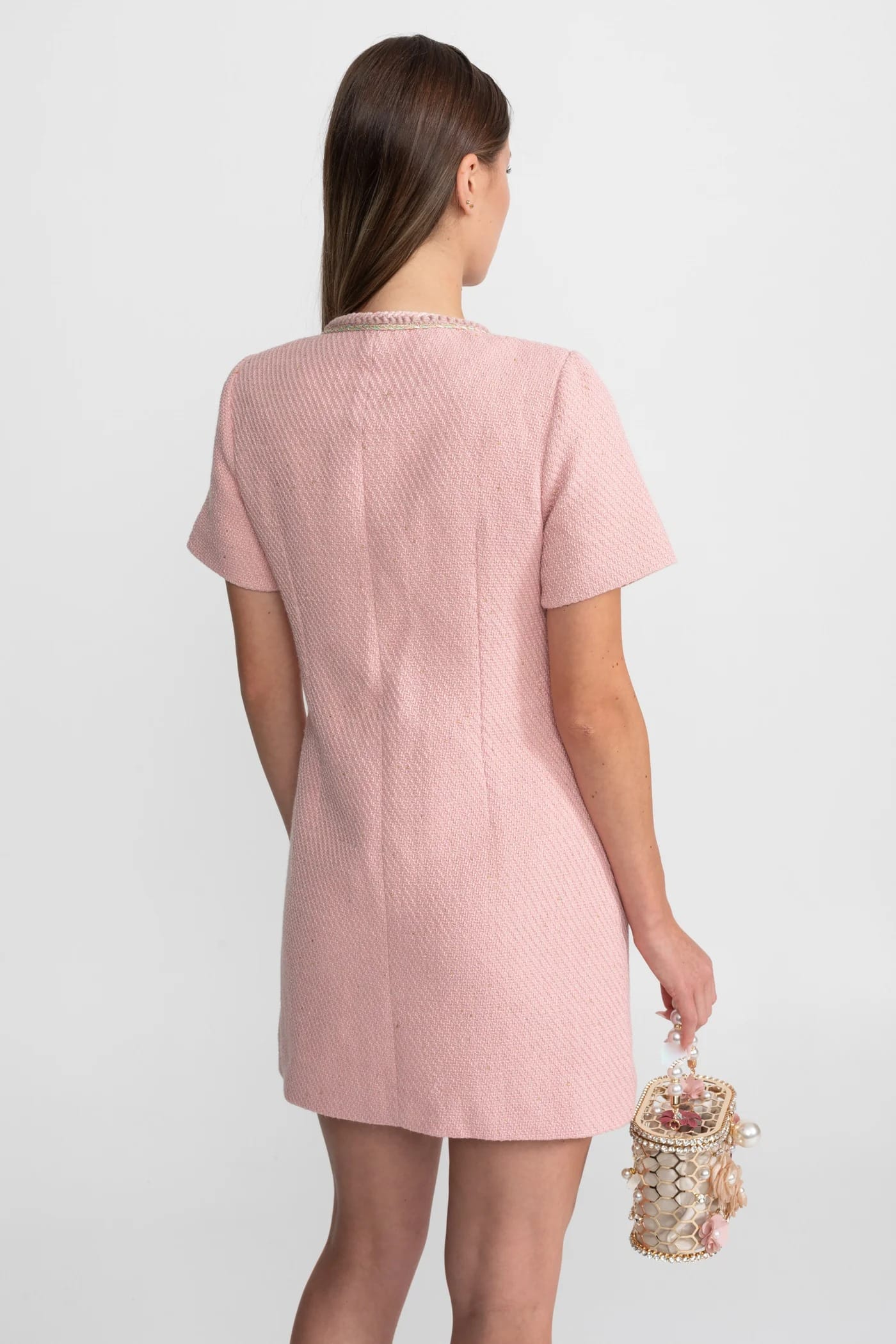 Short Sleeve Mini Dress with Pearl Buttons and Trim Details - Pink