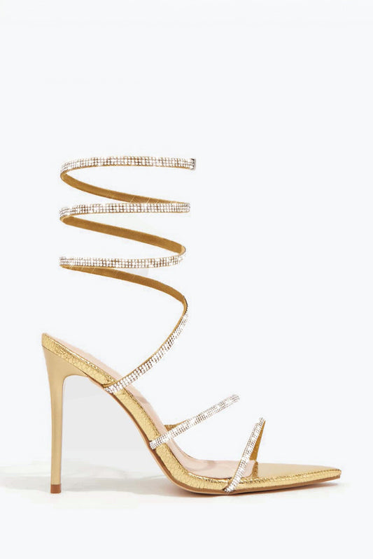 Wraparound Sandals with Shiny Pointed Toe and Crystal Straps - Gold