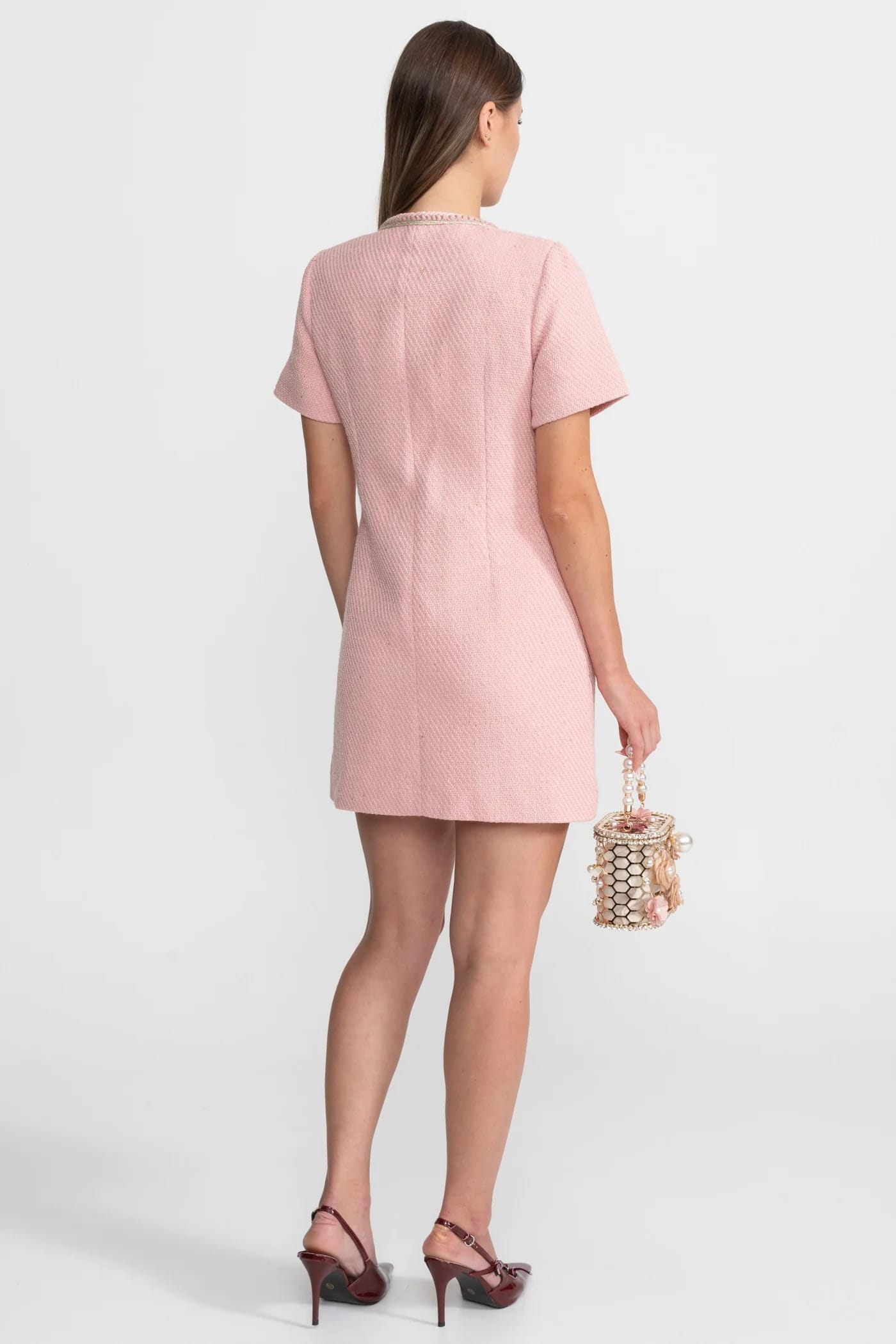 Short Sleeve Mini Dress with Pearl Buttons and Trim Details - Pink