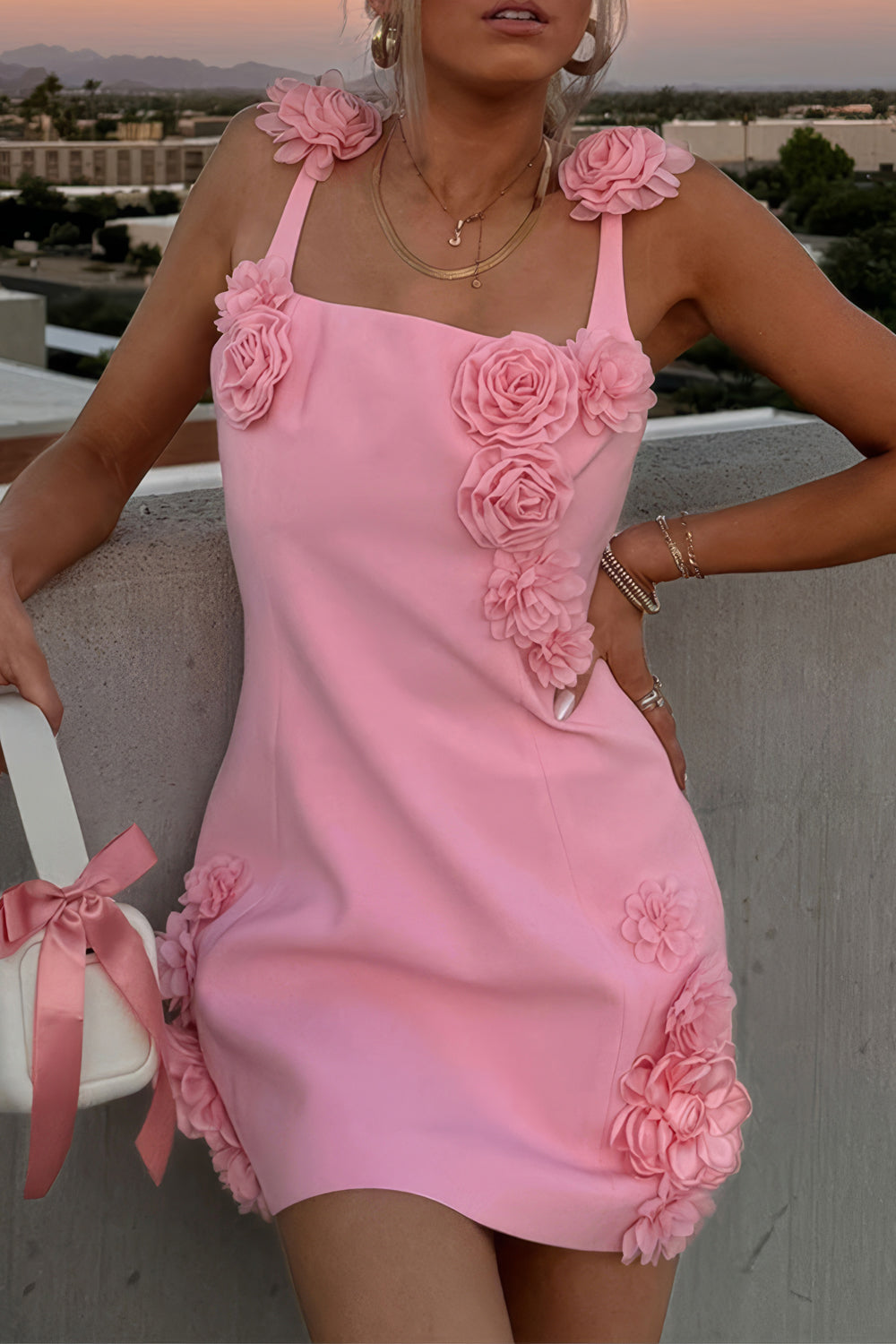 Floral Detail Mini Dress with Shoulder Accent