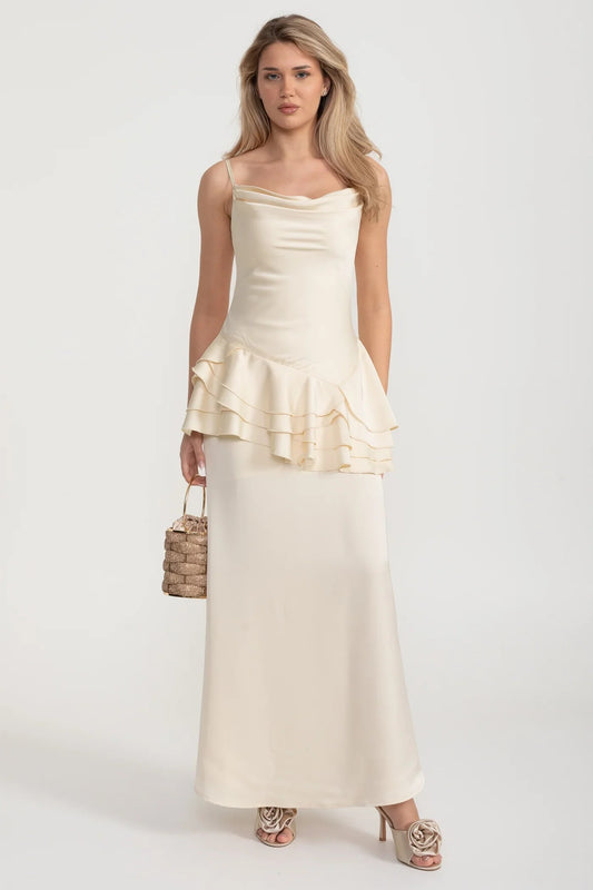 Satin Peplum Gown with Draped Ruffle Detail - Ivoire