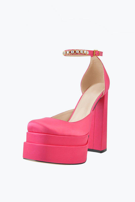 Platform Heels with Rhinestone Ankle Strap - Dark Pink
