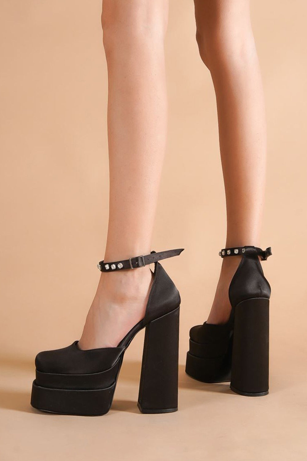Platform Heels with Rhinestone Ankle Strap - Black