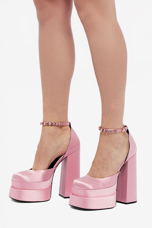 Platform Heels with Rhinestone Ankle Strap - Pink
