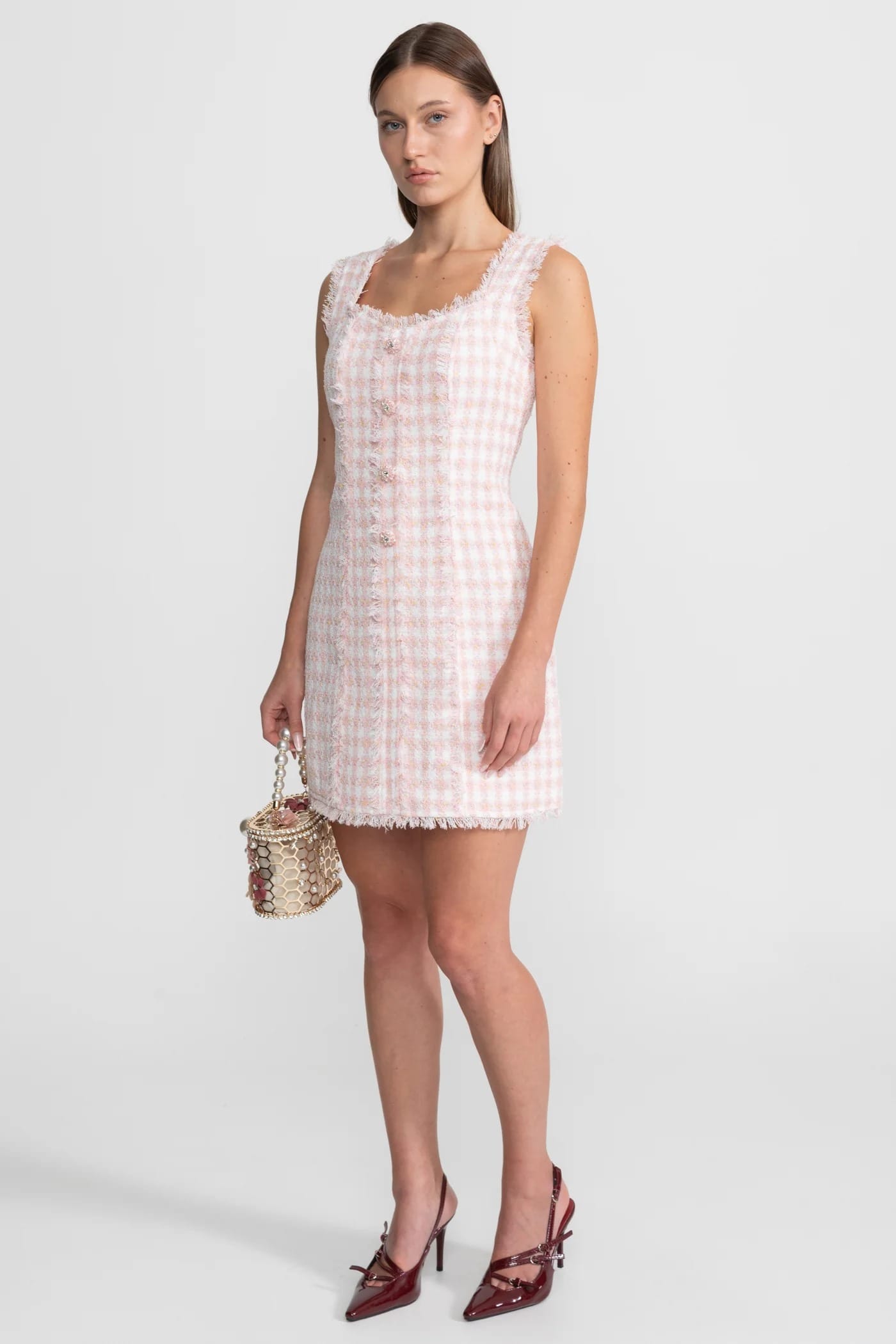 Sleeveless Mini Dress with Frayed Edges and Button Front - Pink