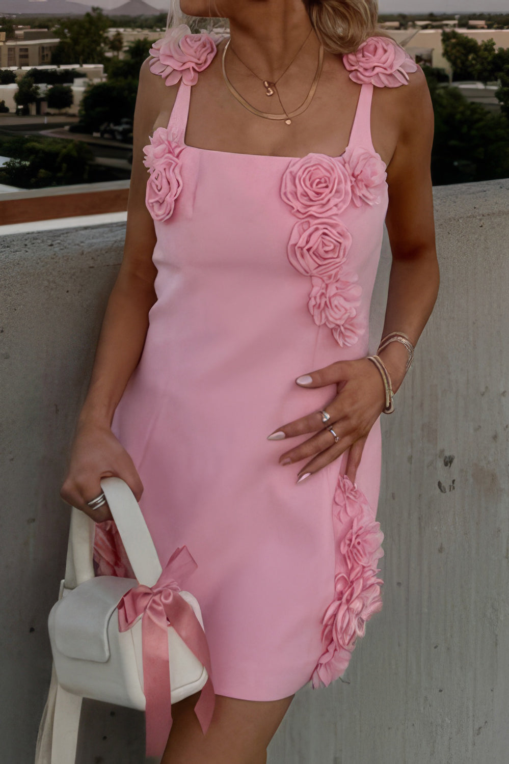 Floral Detail Mini Dress with Shoulder Accent