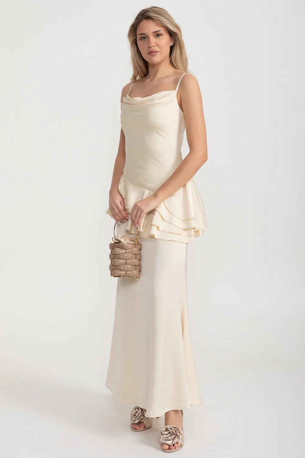 Satin Peplum Gown with Draped Ruffle Detail - Ivoire