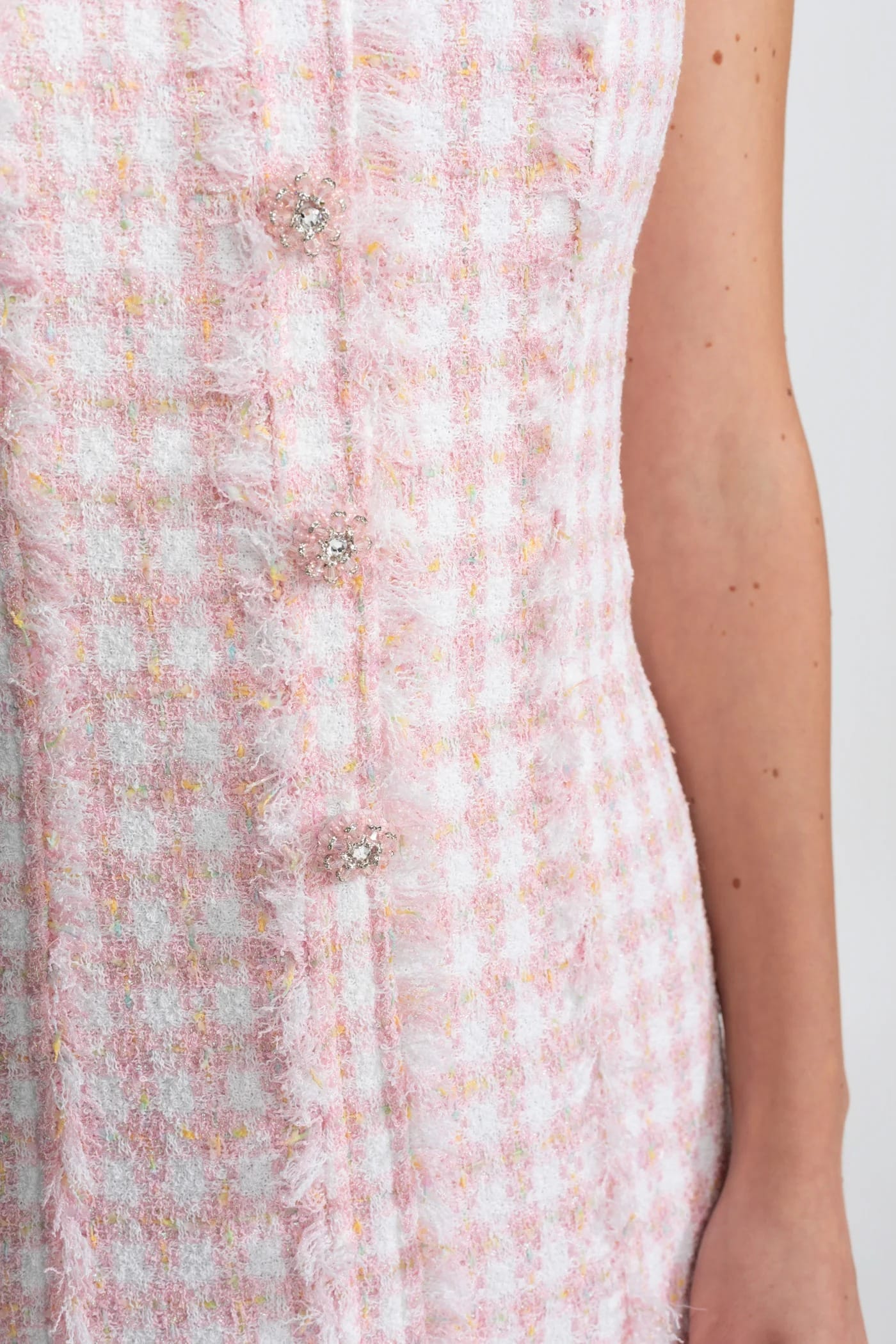 Sleeveless Mini Dress with Frayed Edges and Button Front - Pink