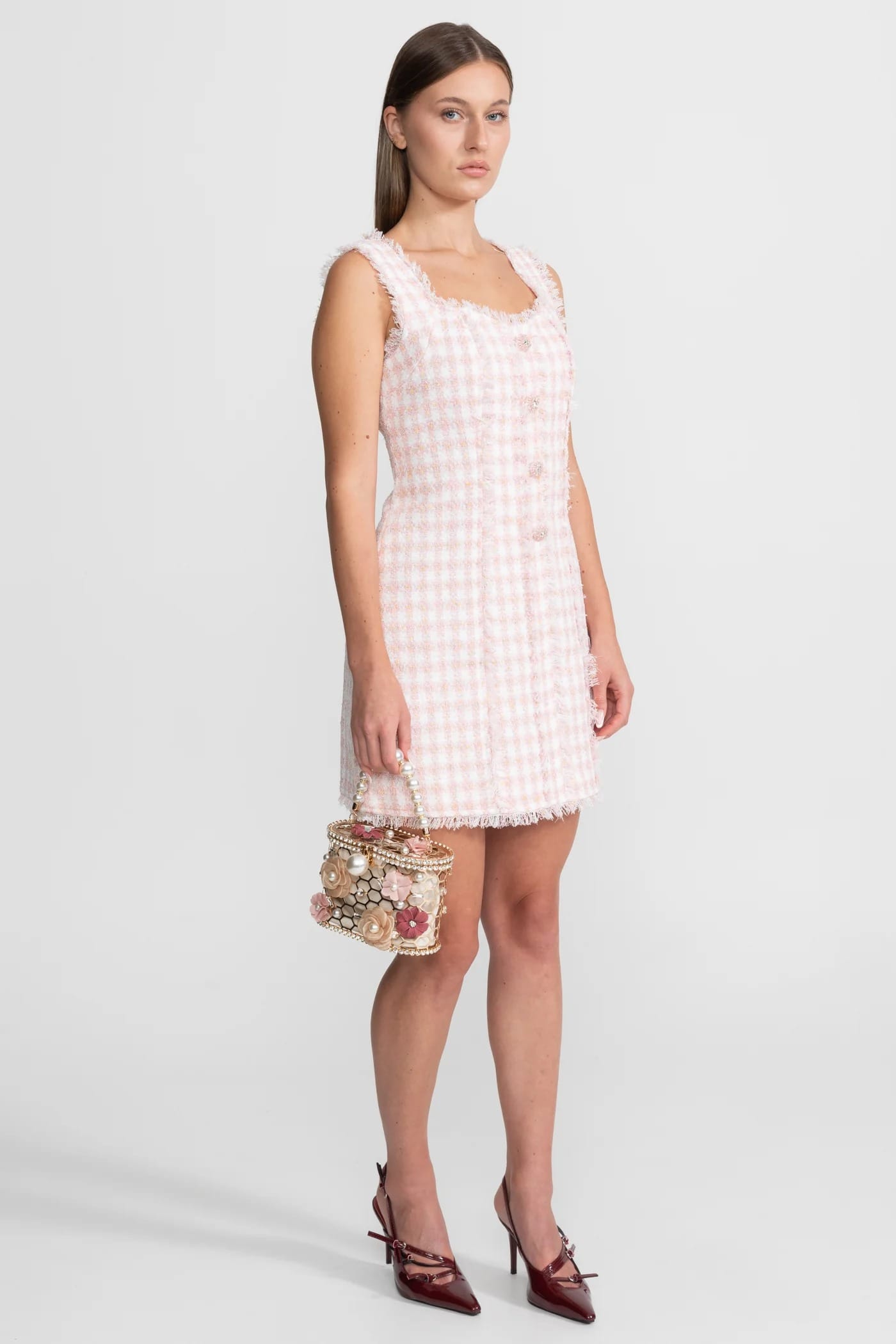 Sleeveless Mini Dress with Frayed Edges and Button Front - Pink