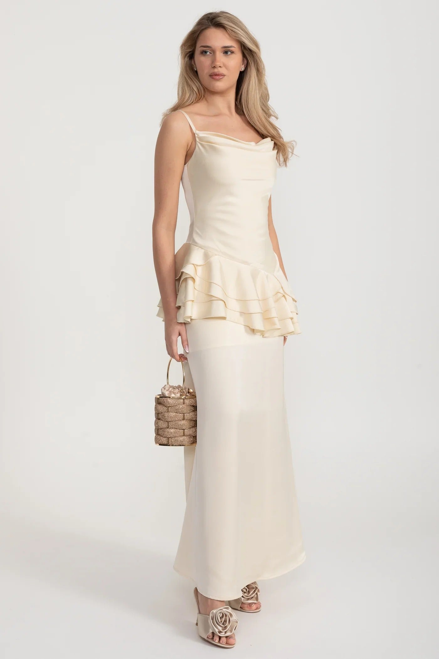 Satin Peplum Gown with Draped Ruffle Detail - Ivoire