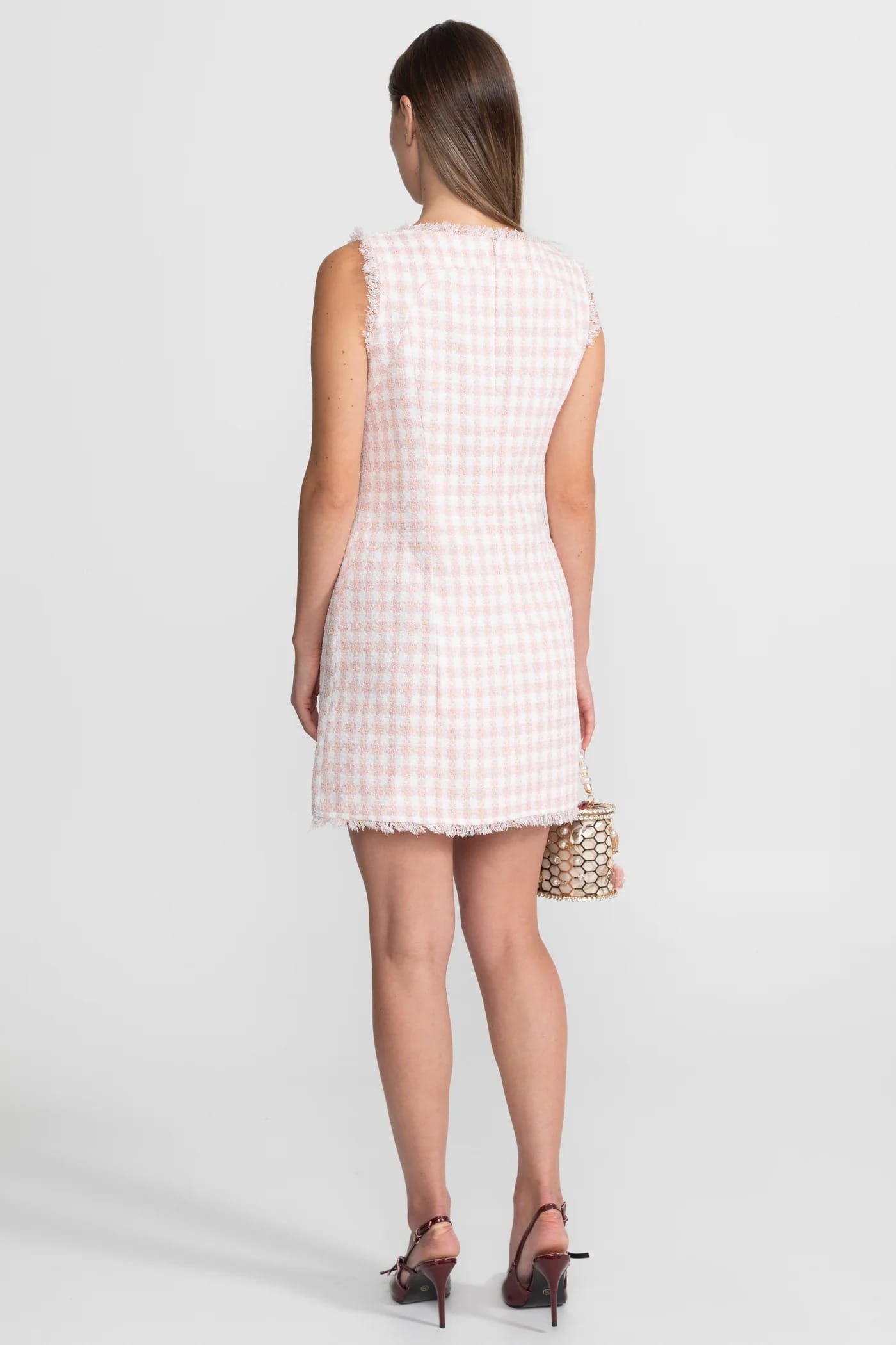 Sleeveless Mini Dress with Frayed Edges and Button Front - Pink