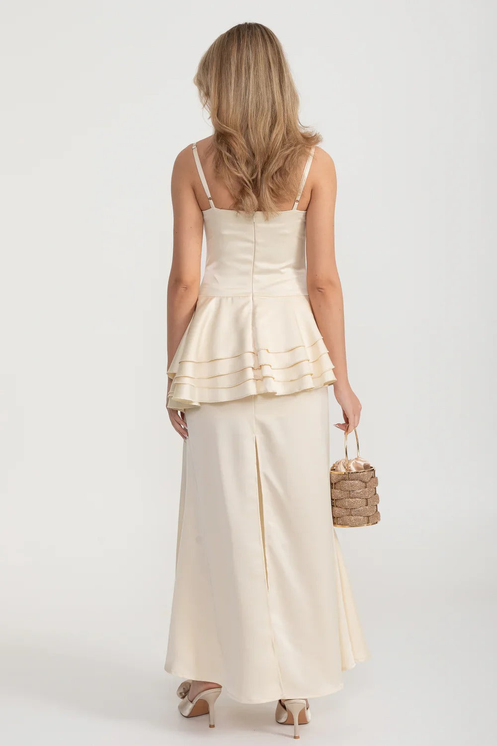 Satin Peplum Gown with Draped Ruffle Detail - Ivoire