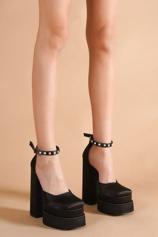 Platform Heels with Rhinestone Ankle Strap - Black