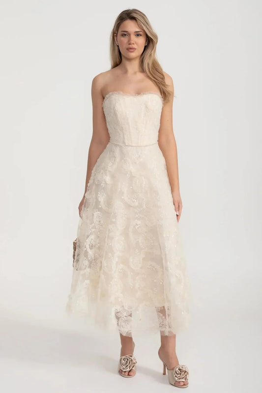 Strapless Lace Midi Dress with Scalloped Hem - Ivoire