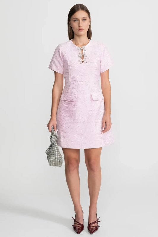 Short Sleeve Mini Dress with Bow Detail Neckline - Pink