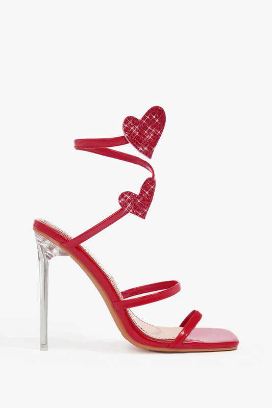 Strappy Sandals with Heart Ankle Detail and Clear Heel - Red
