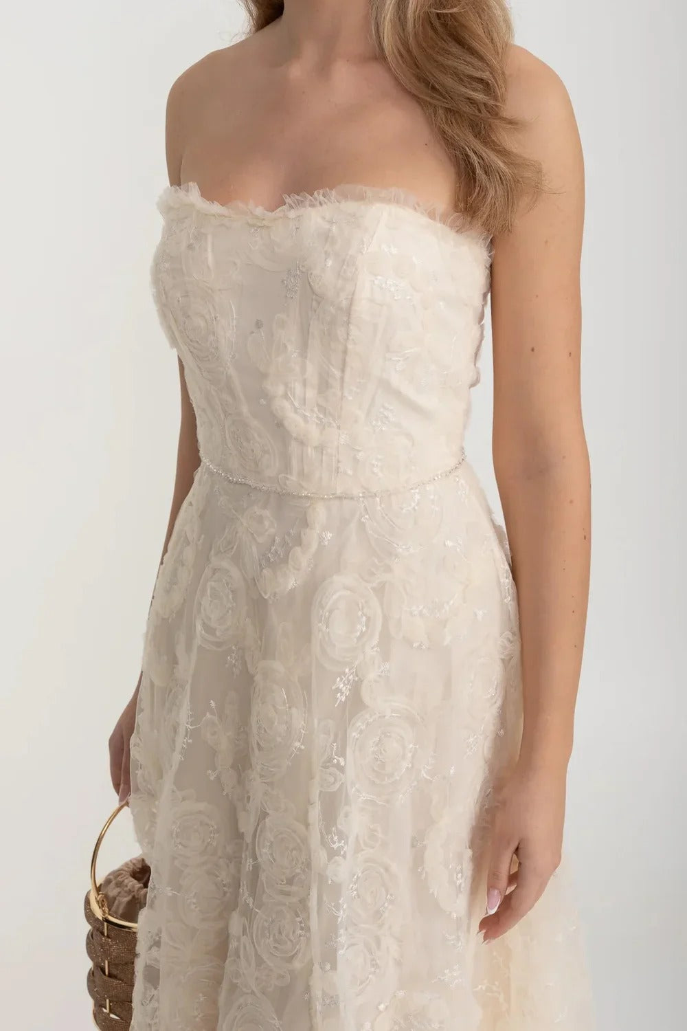 Strapless Lace Midi Dress with Scalloped Hem - Ivoire